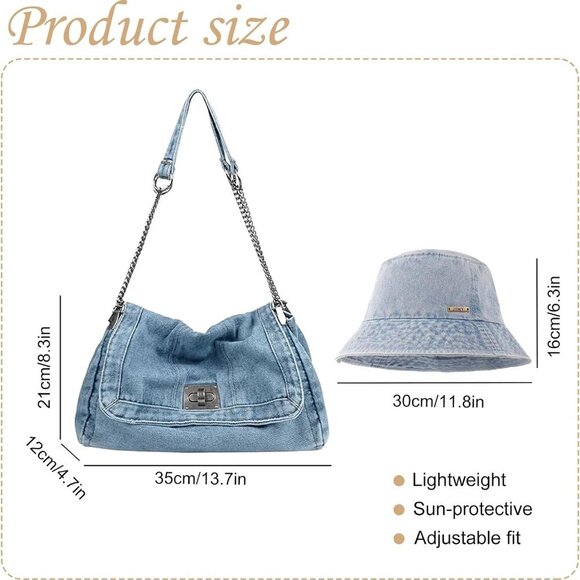 2PCS Denim Tote Bag and Denim Cap Set for Women, Retro Washed Shoulder Handbag C - Picture 6 of 6